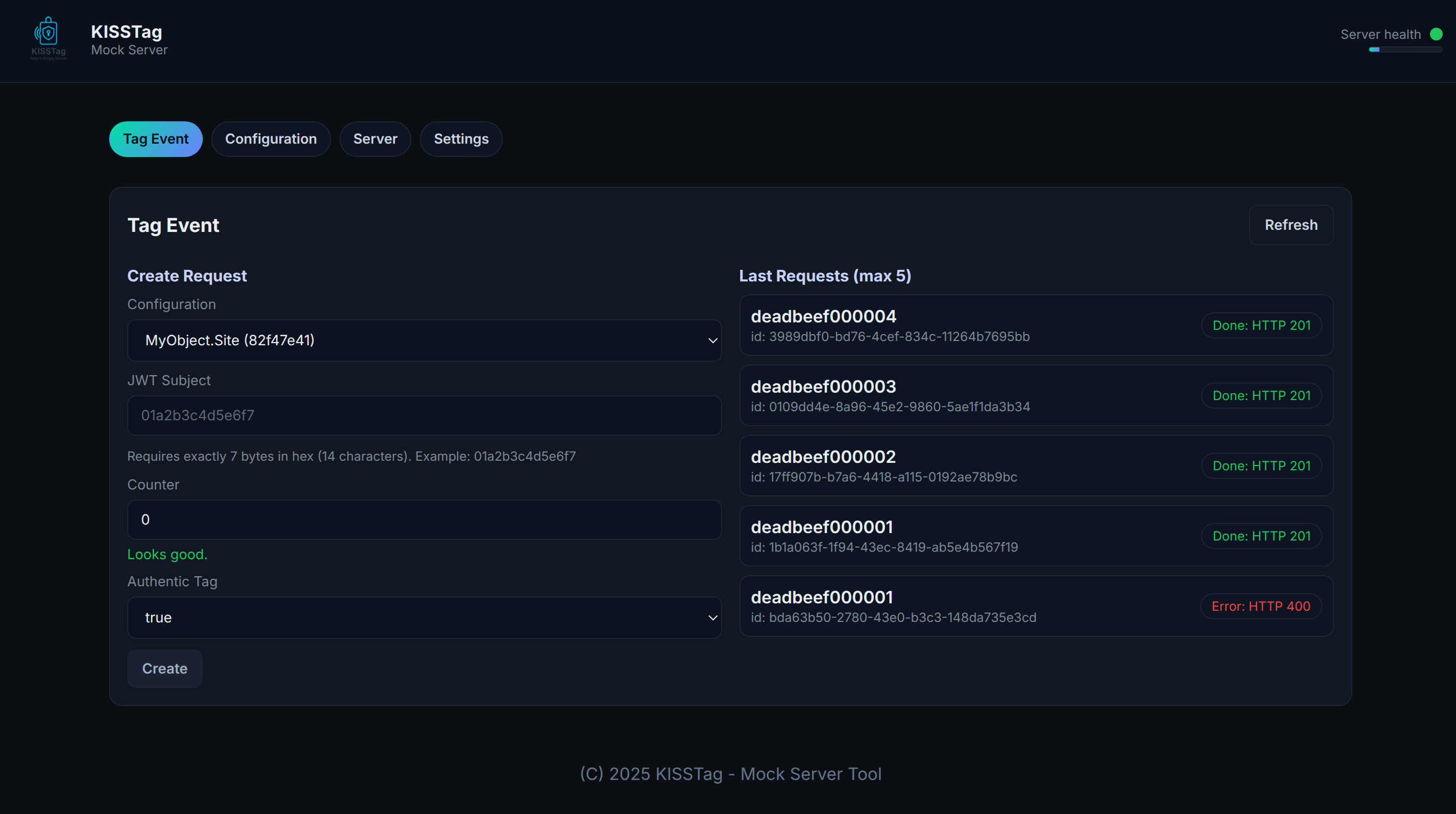 KISSTag Mock Server UI
